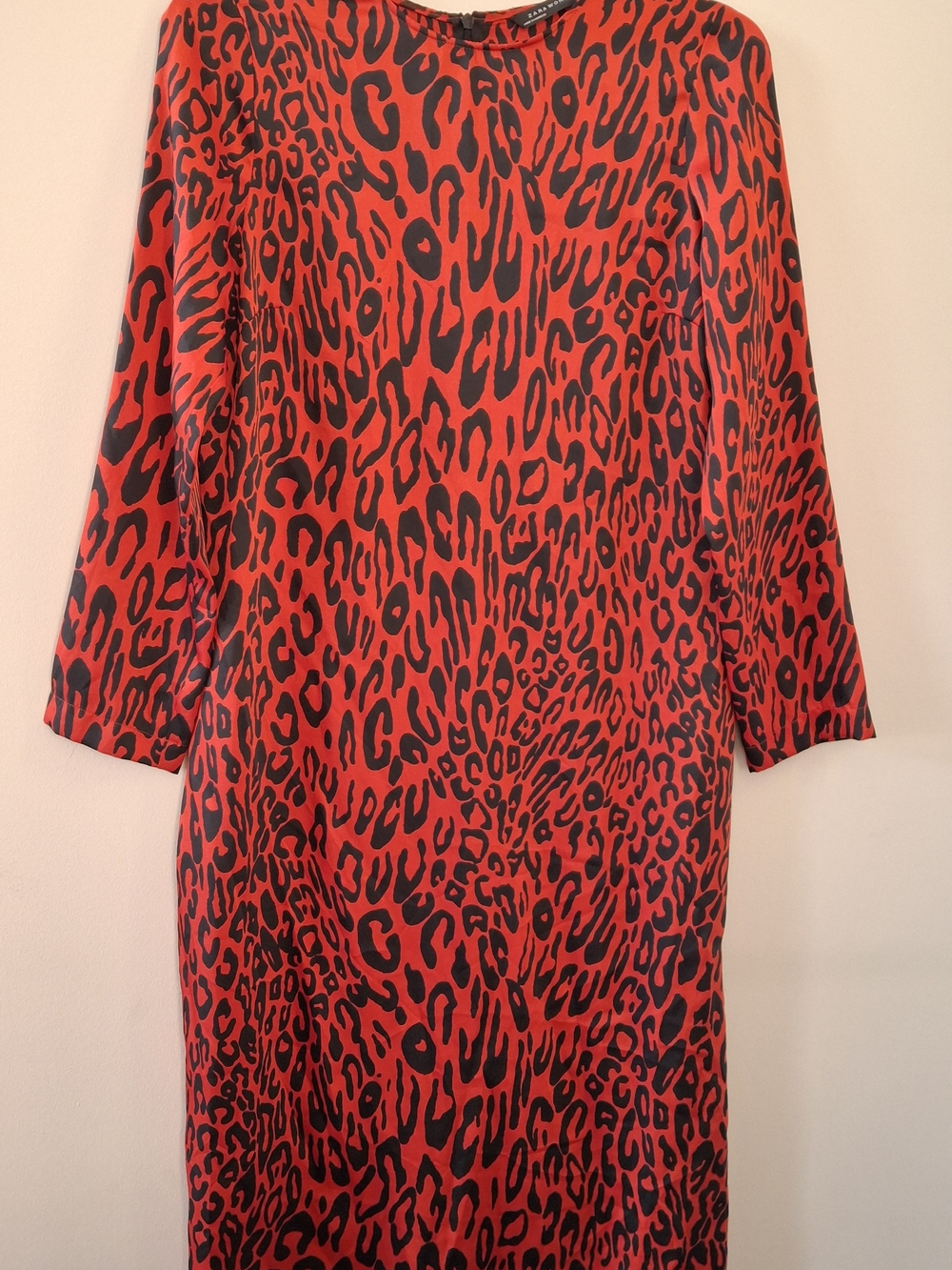 Zara Red and Black Leopard Print Shift Dress Fitted Small Long Sleeve Zip Back